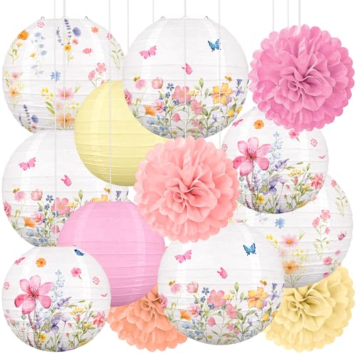 Renbuzhu 13PCS Spring Wildflower Party Decorations Hanging Paper Lanterns Pom Poms for Baby in Bloom Baby Shower Tea Garden Fairy Birthday Party Home Indoor Outdoor - Image 1
