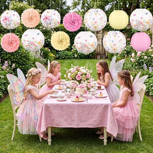 Renbuzhu 13PCS Spring Wildflower Party Decorations Hanging Paper Lanterns Pom Poms for Baby in Bloom Baby Shower Tea Garden Fairy Birthday Party Home Indoor Outdoor - Image 5
