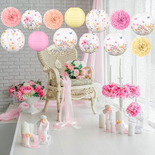 Renbuzhu 13PCS Spring Wildflower Party Decorations Hanging Paper Lanterns Pom Poms for Baby in Bloom Baby Shower Tea Garden Fairy Birthday Party Home Indoor Outdoor - Image 2