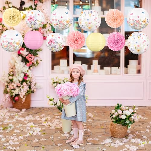 Renbuzhu 13PCS Spring Wildflower Party Decorations Hanging Paper Lanterns Pom Poms for Baby in Bloom Baby Shower Tea Garden Fairy Birthday Party Home Indoor Outdoor - Image 4