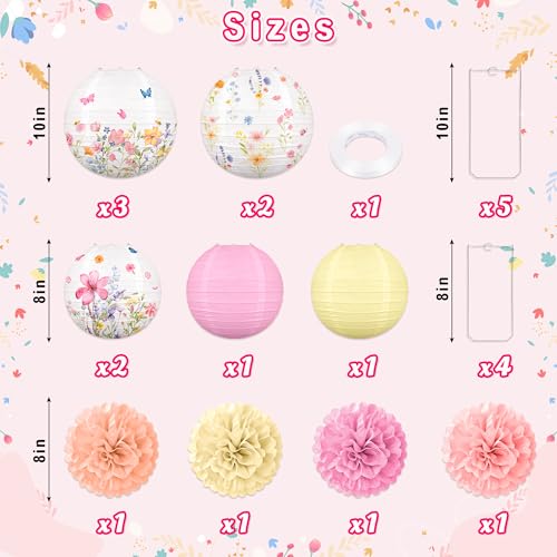 Renbuzhu 13PCS Spring Wildflower Party Decorations Hanging Paper Lanterns Pom Poms for Baby in Bloom Baby Shower Tea Garden Fairy Birthday Party Home Indoor Outdoor - Image 3