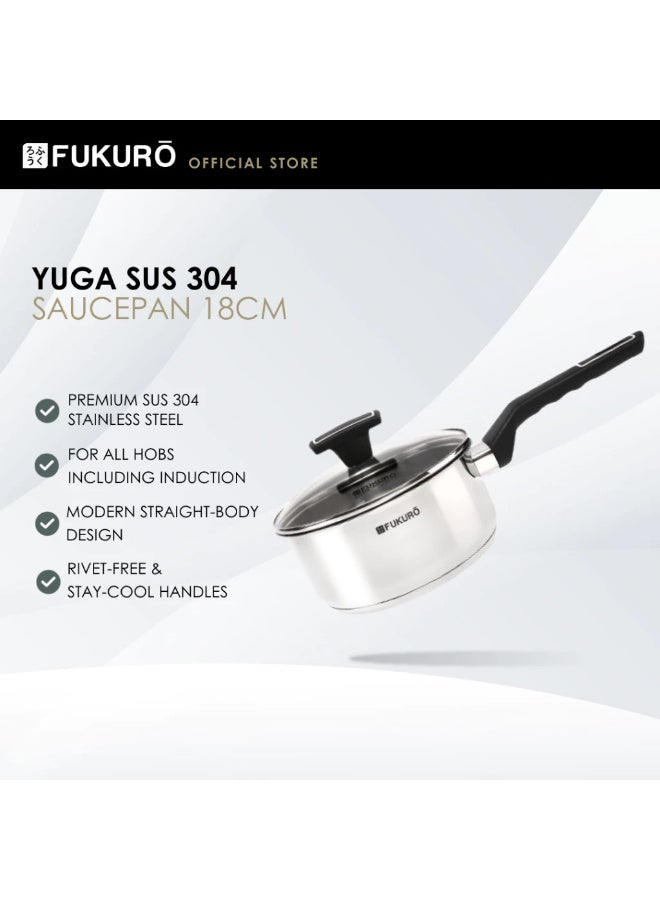 Fukuro Yuga 304 Stainless Steel Saucepan With Lid (18cm) - Image 1