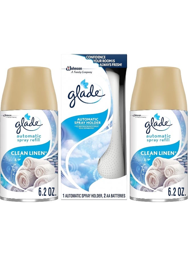 Glade Automatic Spray Refill and Holder Kit, Air Freshener for Home and Bathroom, Clean Linen, 6.2 Oz, 2 Count - Image 1