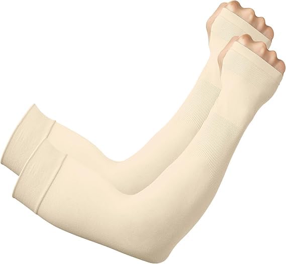 AZARIA Hand Gloves for Sun Protection Arm Sleeves for Men & Women, UPF 50 Arm Cover for Biking, Cricket, Cycling, Golf & Outdoor Sports, Arm Protection Sleeves for Women (Beige Color - 1 Pair) - Image 1
