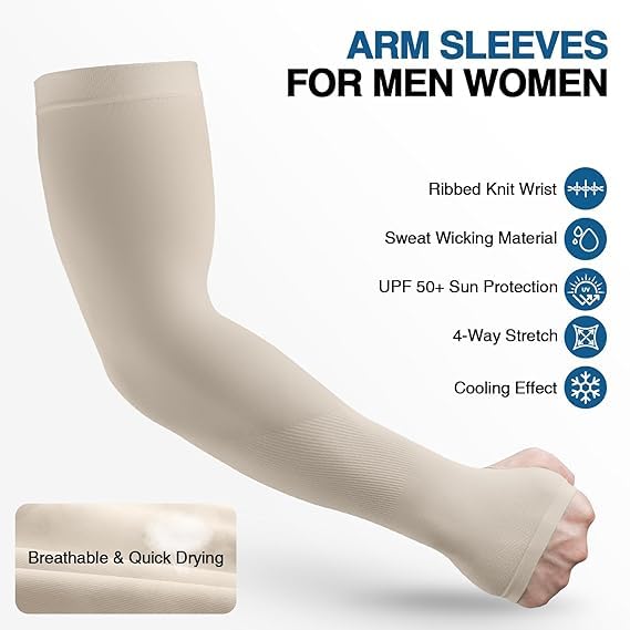AZARIA Hand Gloves for Sun Protection Arm Sleeves for Men & Women, UPF 50 Arm Cover for Biking, Cricket, Cycling, Golf & Outdoor Sports, Arm Protection Sleeves for Women (Beige Color - 1 Pair) - Image 2