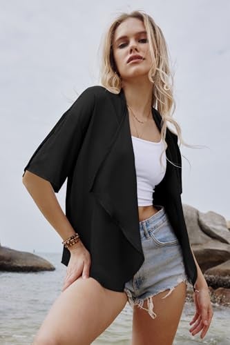 STYLEWORD Kimonos for Women Lightweight Summer Cardigan Casual Loose Beach Swim Cover Up(Black,XL) - Image 2