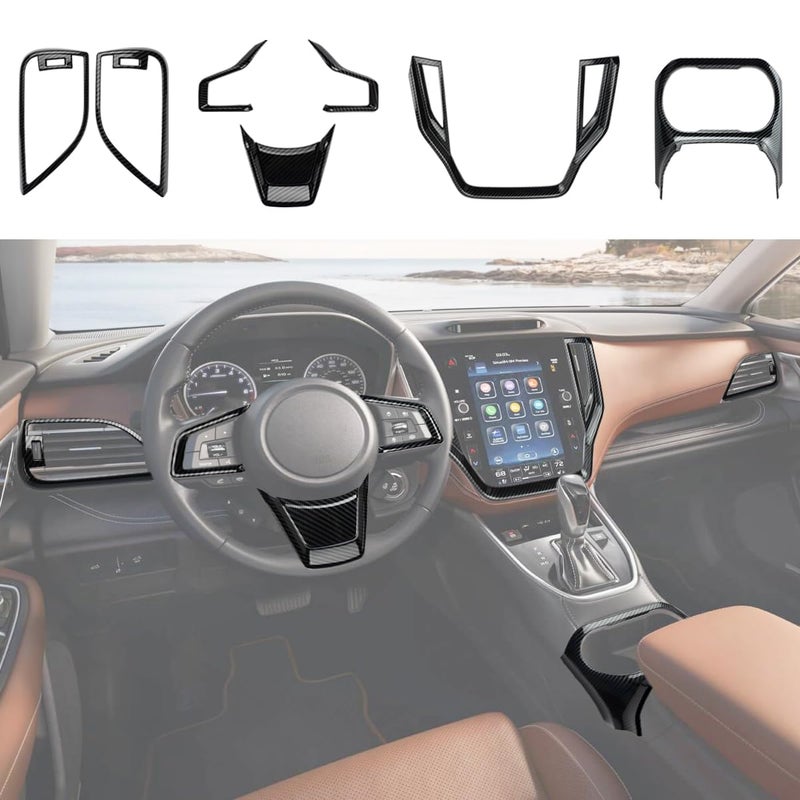 INTGET for 4 Products Center Console Carbon Fiber for Subaru Outback/Legacy 2020-2025, Navigation Screen Panel Cover, Cup Holder Panel Cover, Steering Wheel Cover, 2pcs Dashboard Side AC Vent Covers - Image 1