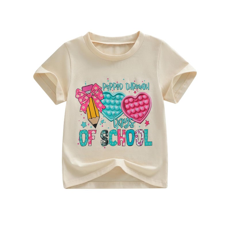 Douhoow Girls 100 Days of School Shirt Short Sleeve Toddler Girl Tops 100th Day of School Shirt Kids (Beige C, 4-5 Years) - Image 1