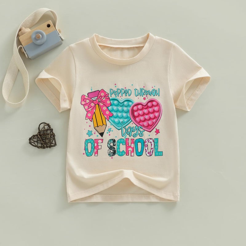 Douhoow Girls 100 Days of School Shirt Short Sleeve Toddler Girl Tops 100th Day of School Shirt Kids (Beige C, 4-5 Years) - Image 4