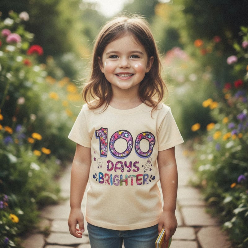 Douhoow Girls 100 Days of School Shirt Short Sleeve Toddler Girl Tops 100th Day of School Shirt Kids (Beige C, 4-5 Years) - Image 3