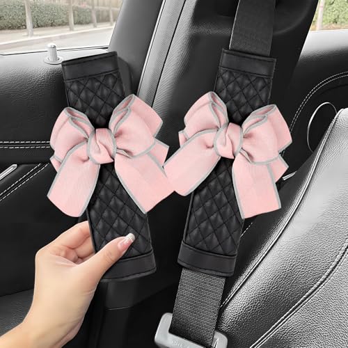 ongfuwu 2PCS Car Seat Belt Cover Pad Cute Bow Leather Seatbelt Covers for Cars Soft Auto Seat Belt Shoulder Strap Covers Universal Seatbelt Protector Cushion for Shoulder Neck Pink 2PCS - Image 1