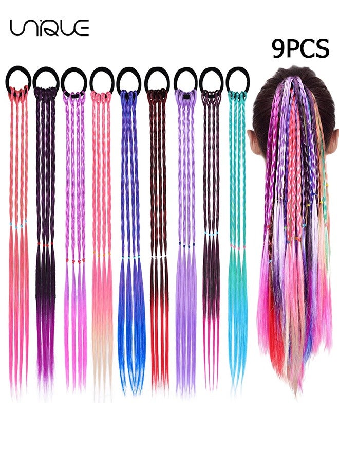 Unique 9 Pcs Colored Braids Hair Extensions with Rubber Bands, Kids Braided Wigs Ponytail Extension Hair Day Accessories Women Colorful Synthetic Hairpieces Party Highlights Cosplay Dress Up - Image 1
