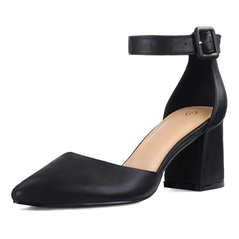 mysoft Women's Pointed Toe Low Chunky Heels Closed Toe Ankle Strap Dress Pump Shoes - Available in Wide Sizes - Image 1