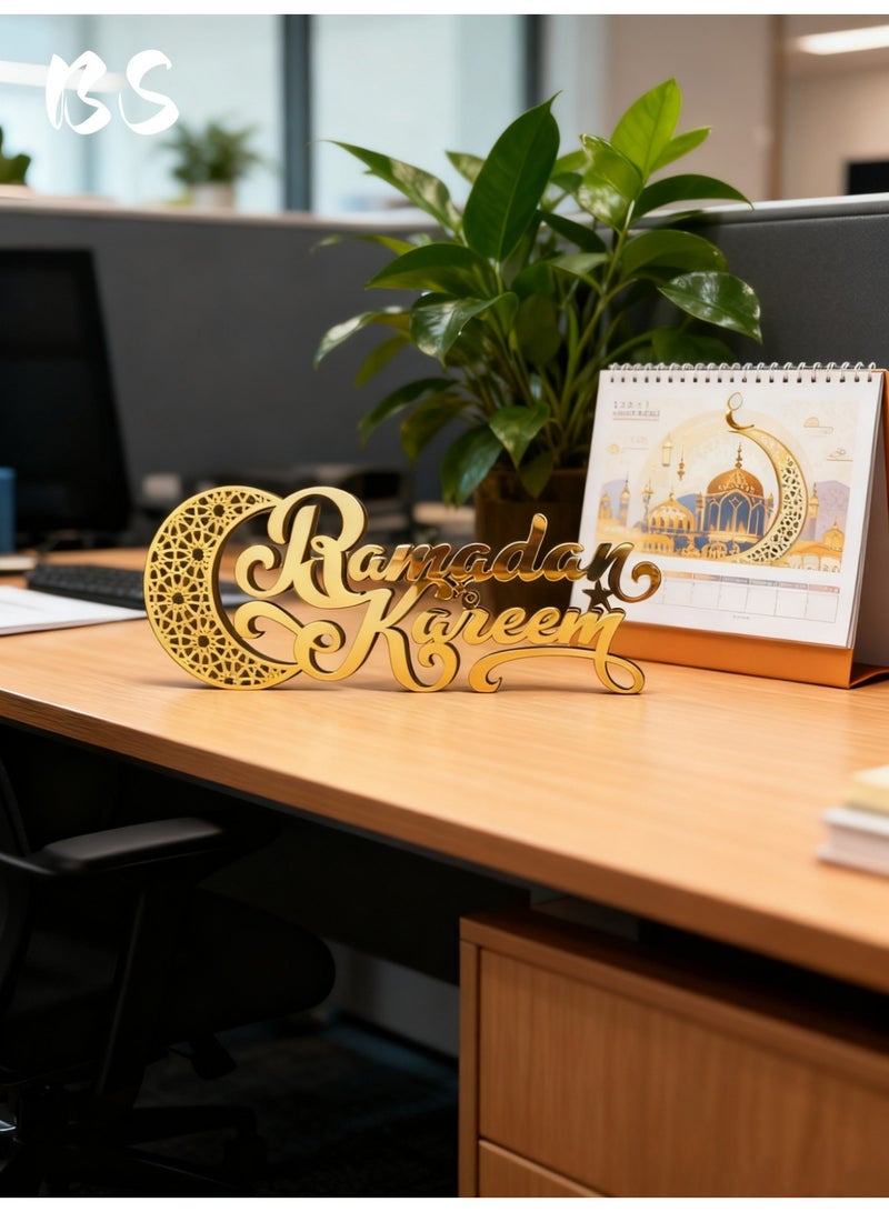 بي إس لافتة زينة لعيد الفطر المبارك 2026 | مصنوعة من الخشب والأكريليك | تصميم هلال ومسجد | زينة طاولة على الطراز الإسلامي | حروف ثلاثية الأبعاد باللون الذهبي | مثالية لتزيين المنزل وحفلات العشاء في الأماكن المغلقة - Image 1
