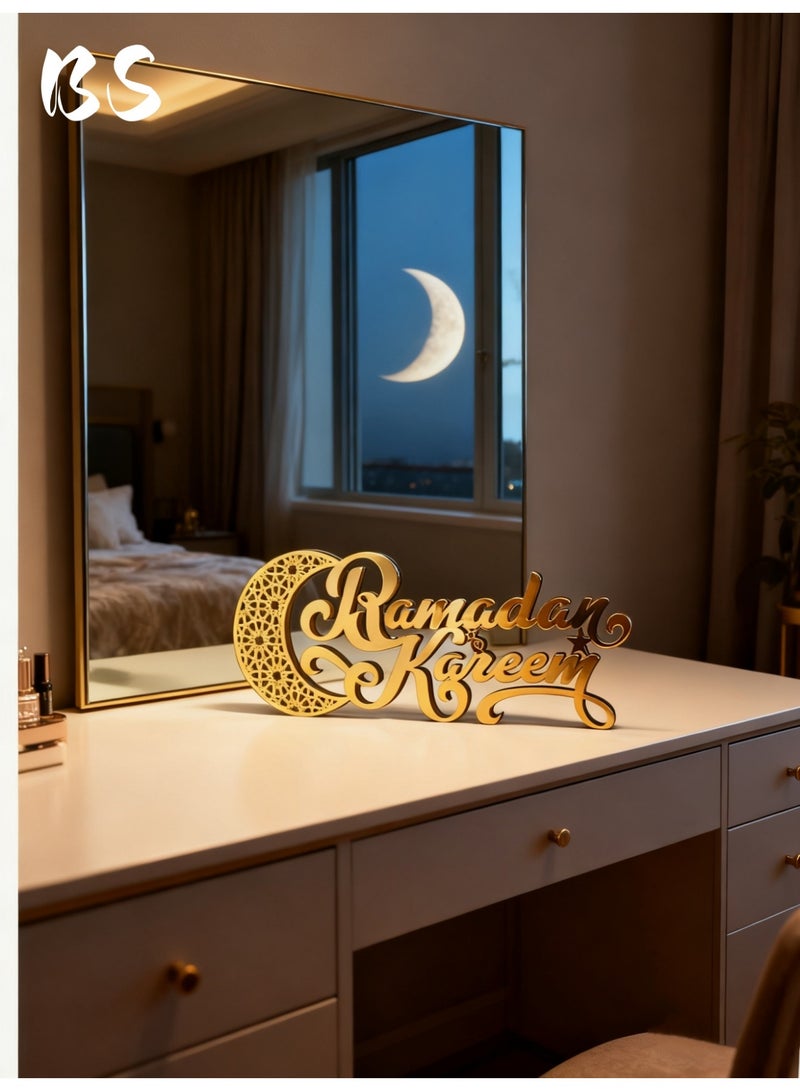 بي إس لافتة زينة لعيد الفطر المبارك 2026 | مصنوعة من الخشب والأكريليك | تصميم هلال ومسجد | زينة طاولة على الطراز الإسلامي | حروف ثلاثية الأبعاد باللون الذهبي | مثالية لتزيين المنزل وحفلات العشاء في الأماكن المغلقة - Image 2