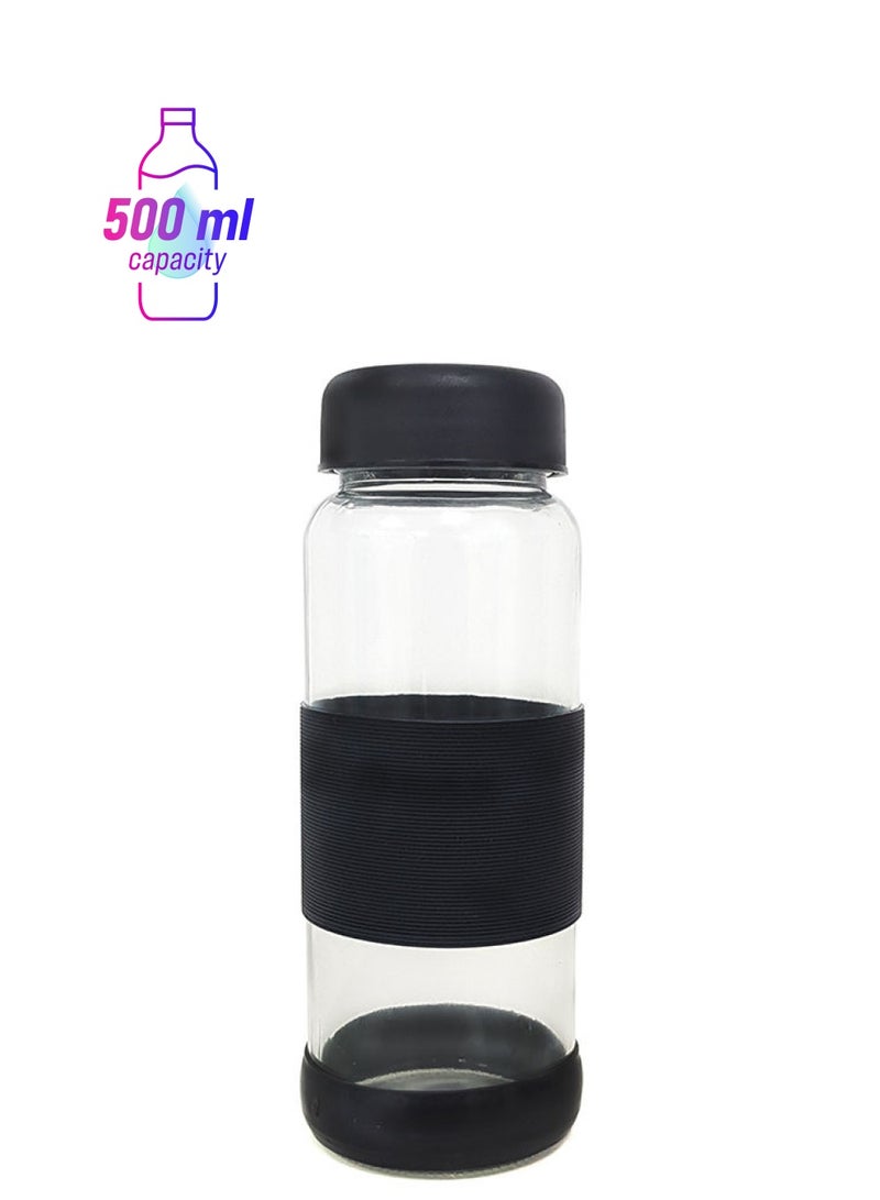 NIBEMINENT Glass Water Bottle With Silicone Grip Clear/Black 0.5Liters - Image 1