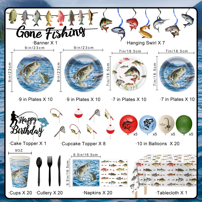 LINHAXM 178PCS Fishing Birthday Party Decorations Includes Plates, Napkins, Cups, Cutlery, Tablecloth, Cake & Cupcake Toppers, Banner, Hanging Swirls, Balloons for Fishing Party Decorations, Serve 20 - Image 2