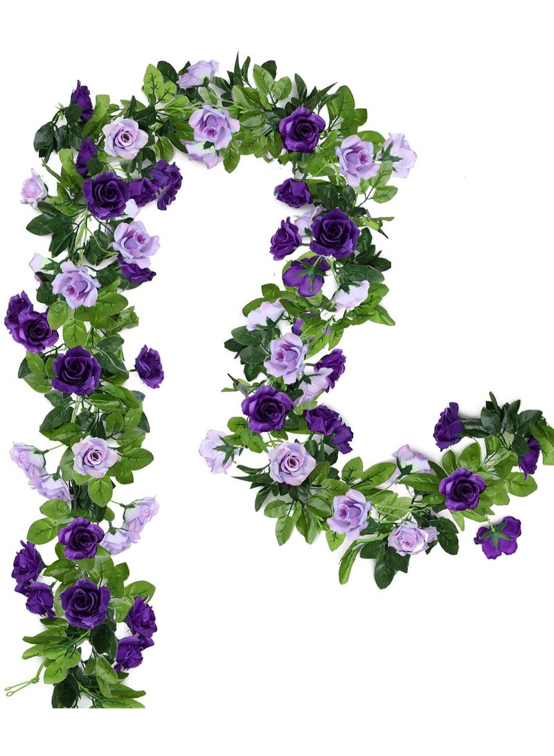 SOLARAE Artificial Flower Garlands, 2 Pack 15.8FT Fake Rose Vines Silk Flowers Hanging Rose Ivy for Wedding Arch Party Home Garden Wall Decor, Purple - Image 1