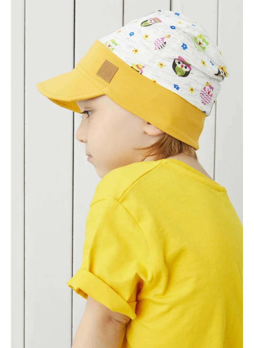 بيير كاردان Babygiz Mustard-White Patterned Cotton Handmade Extra Soft Boys Girls Baby Kids 4 Season Combed Cotton Hat with Visor