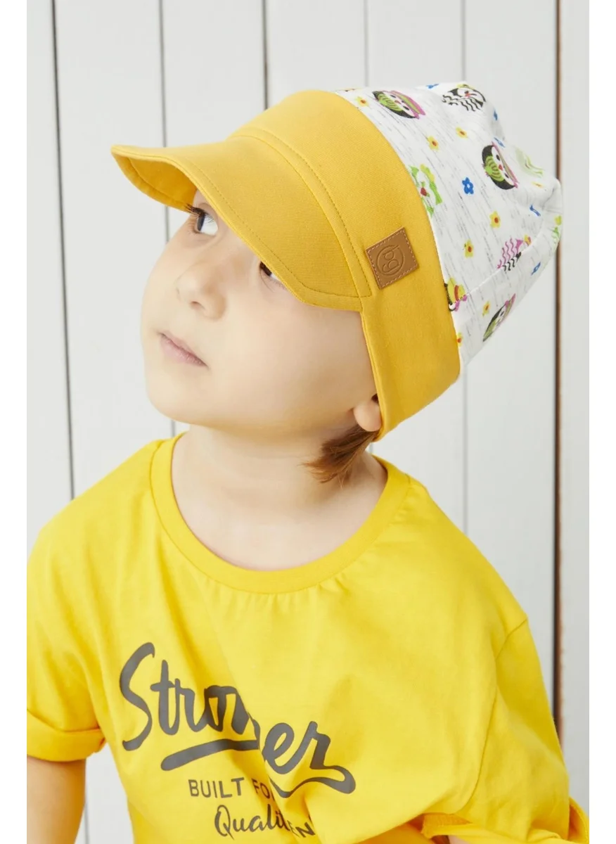 بيير كاردان Babygiz Mustard-White Patterned Cotton Handmade Extra Soft Boys Girls Baby Kids 4 Season Combed Cotton Hat with Visor