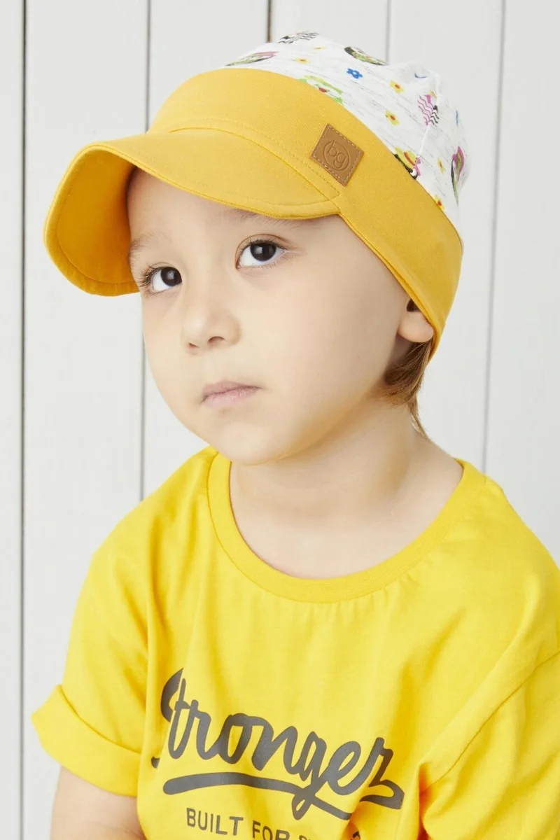 pierre cardin Babygiz Mustard-White Patterned Cotton Handmade Extra Soft Boys Girls Baby Kids 4 Season Combed Cotton Hat with Visor
