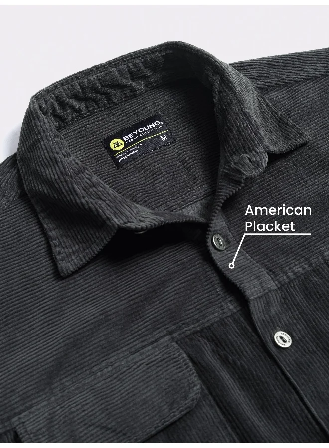 بيونغ قميص كوردروي بجيوب أمامية رمادي داكن