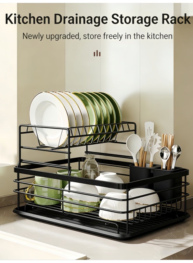 Dish Drainer, 2 Tier Space-Saving Dish Rack, Stainless Steel Dish Racks for Kitchen Counter, Dish Drainer with Removable Utensil Holder, Drainboard (BS0374-BK) - Image 1