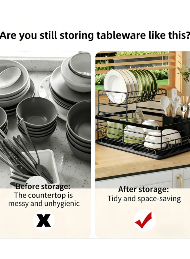 Dish Drainer, 2 Tier Space-Saving Dish Rack, Stainless Steel Dish Racks for Kitchen Counter, Dish Drainer with Removable Utensil Holder, Drainboard (BS0374-BK) - Image 2