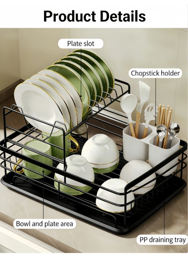 Dish Drainer, 2 Tier Space-Saving Dish Rack, Stainless Steel Dish Racks for Kitchen Counter, Dish Drainer with Removable Utensil Holder, Drainboard (BS0374-BK) - Image 4