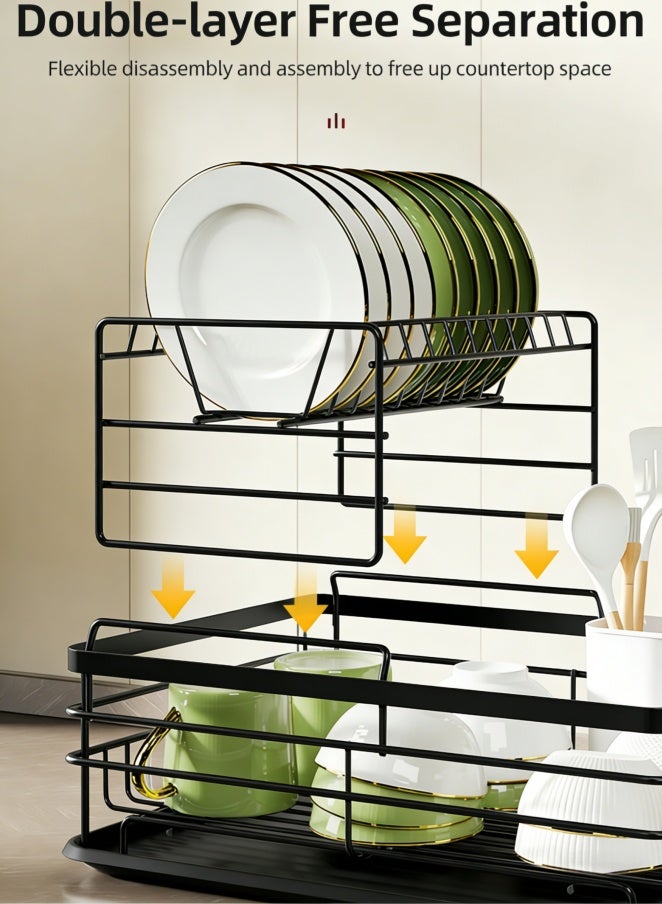 Dish Drainer, 2 Tier Space-Saving Dish Rack, Stainless Steel Dish Racks for Kitchen Counter, Dish Drainer with Removable Utensil Holder, Drainboard (BS0374-BK) - Image 5