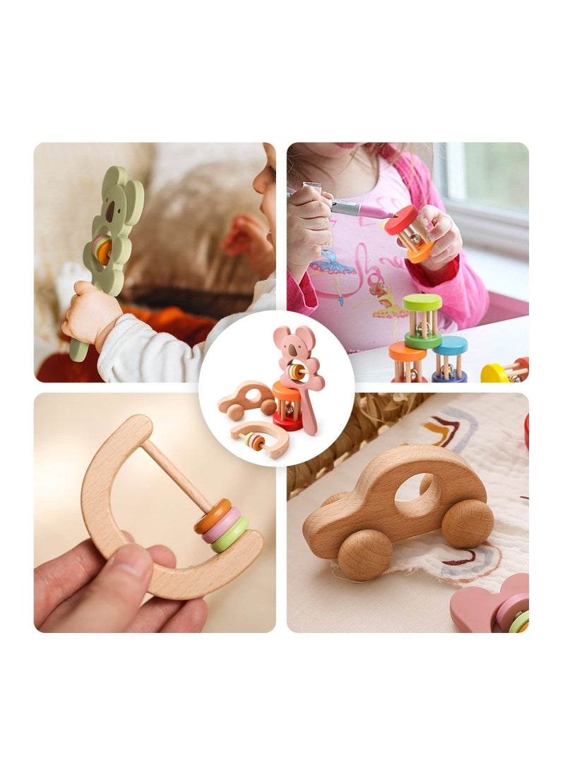 Colorful Wooden Baby Rattles Set, 4 Pcs Montessori Toys for Babies, Silicone Rattle for Newborn Babies 0-6-12 Months, Toddler Shower Gift for Boys and Girls - Blue  - Image 2