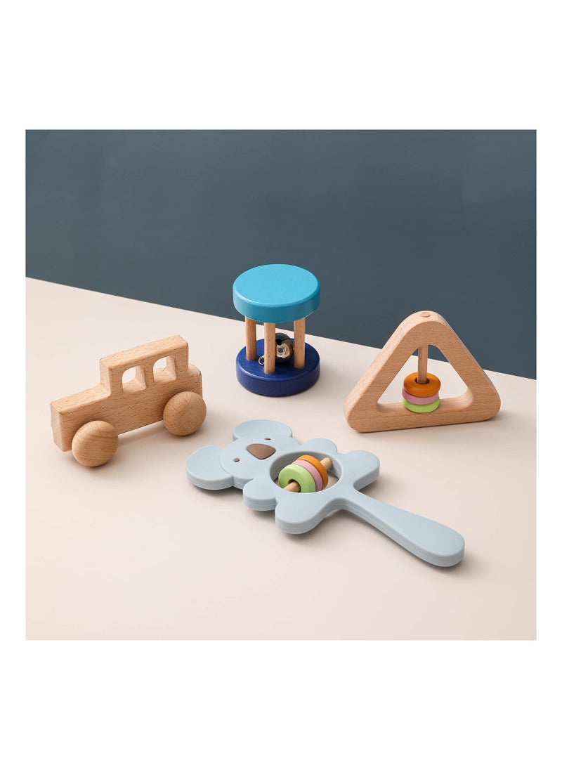 Colorful Wooden Baby Rattles Set, 4 Pcs Montessori Toys for Babies, Silicone Rattle for Newborn Babies 0-6-12 Months, Toddler Shower Gift for Boys and Girls - Blue  - Image 5
