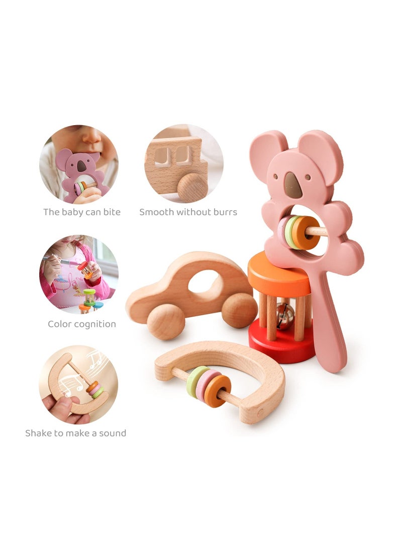 Colorful Wooden Baby Rattles Set, 4 Pcs Montessori Toys for Babies, Silicone Rattle for Newborn Babies 0-6-12 Months, Toddler Shower Gift for Boys and Girls - Blue  - Image 4