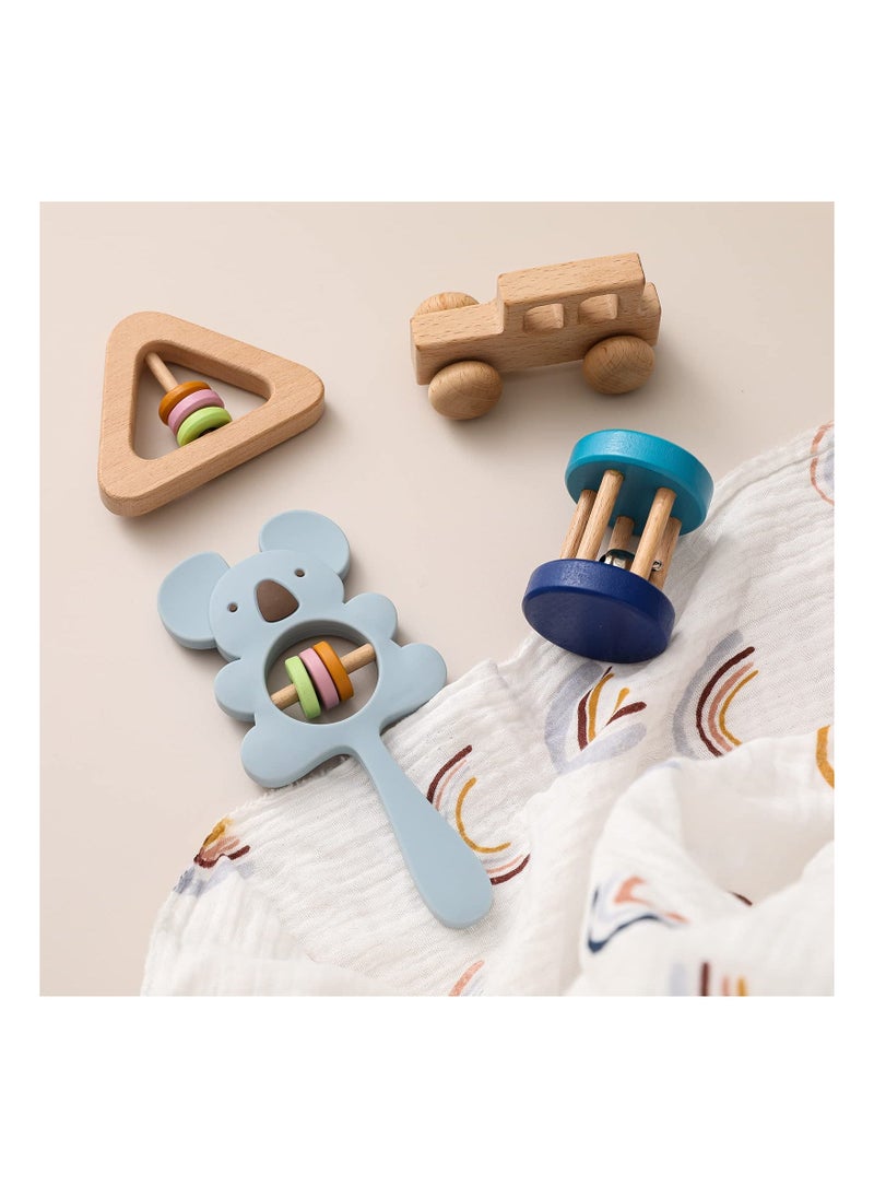 Colorful Wooden Baby Rattles Set, 4 Pcs Montessori Toys for Babies, Silicone Rattle for Newborn Babies 0-6-12 Months, Toddler Shower Gift for Boys and Girls - Blue  - Image 1