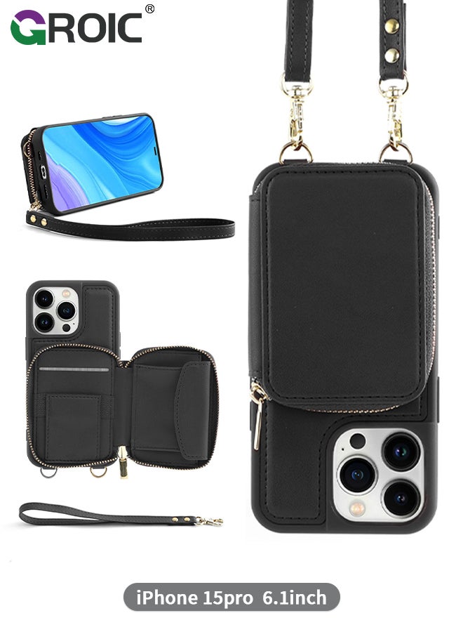 GROIC iPhone 15 Pro Black Crossbody Wallet Case with Wrist Strap, Card Holder Phone Purse for Women, RFID Blocking Zipper Leather Cover for iPhone 15 Pro  - Image 1
