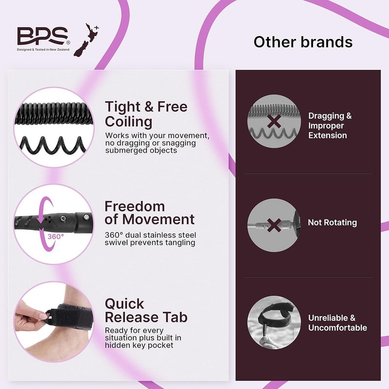 BPS New Zealand ‘Ultralite’ Coil SUP Leash Paddleboard Ankle Leash, 10ft Coiled Legrope Strap Quick Release Tab Longboard Surfboard Stand-up Paddleboard Accessories - Image 2