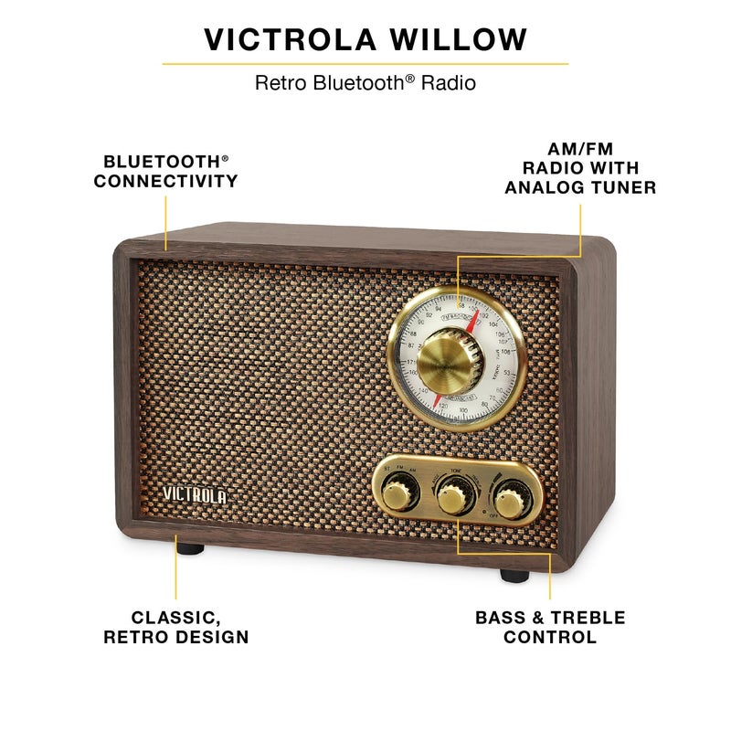 Victrola Willow â€“ Retro Wood Bluetooth Radio with Built-in Speakers: Elegant & Vintage Design, Rotary AM/FM Tuning Dial, Bass & Treble Control, Wireless Streaming (Espresso) - Image 2