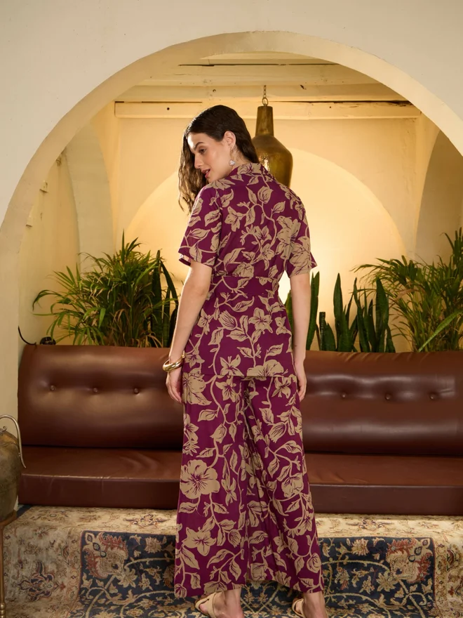 Take Two Maroon Floral Print Pure Cotton Shirt with Trousers Co-Ords By Imana