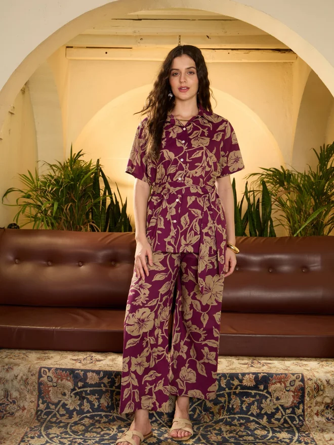 Take Two Maroon Floral Print Pure Cotton Shirt with Trousers Co-Ords By Imana