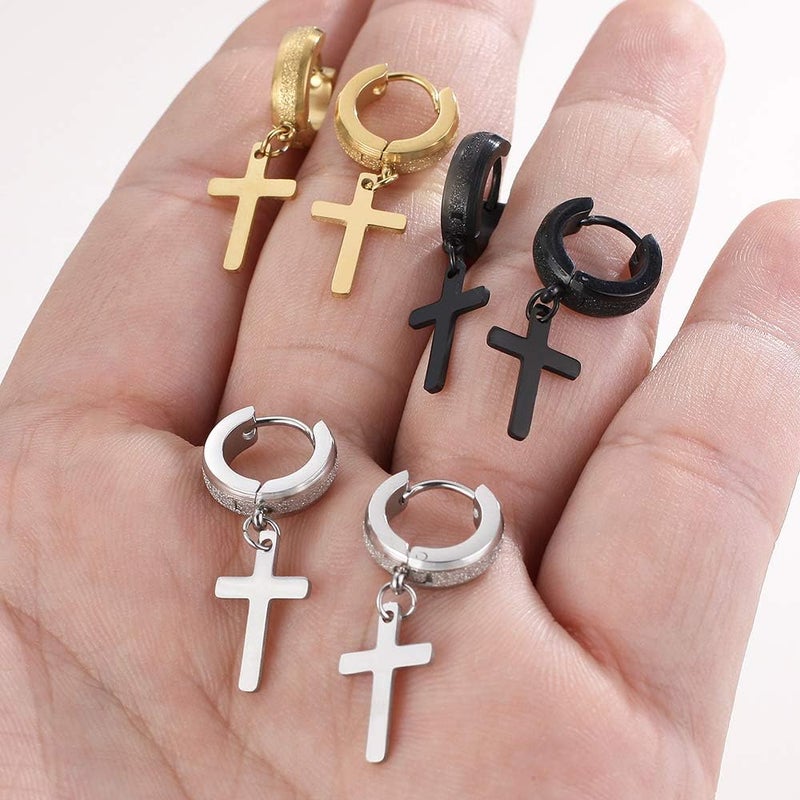 TXPFF Store Men Women Stainless Steel Cross Earrings Set Dangle Hinged Earrings of Dangle Hinged Earrings Cross hoop Earrings - Image 4
