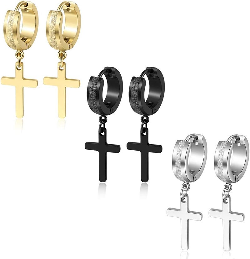 TXPFF Store Men Women Stainless Steel Cross Earrings Set Dangle Hinged Earrings of Dangle Hinged Earrings Cross hoop Earrings - Image 1