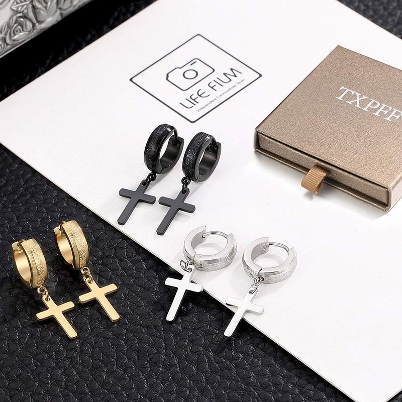 TXPFF Store Men Women Stainless Steel Cross Earrings Set Dangle Hinged Earrings of Dangle Hinged Earrings Cross hoop Earrings - Image 3