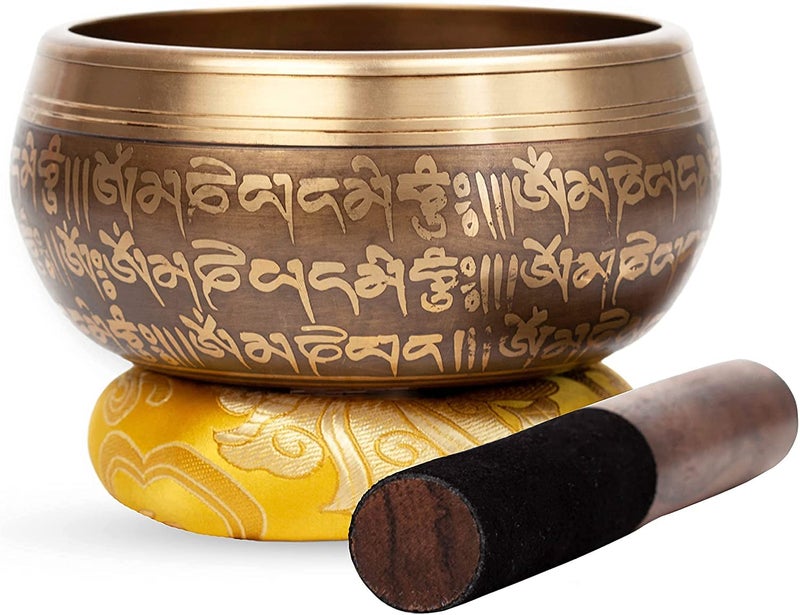 Large Tibetan Singing bowl Set Bronze Style Easy To Play 5 Sound Yoga Bowl Mantra Design Mindfulness Meditation Healing Sound Gift By Himalayan Bazaar