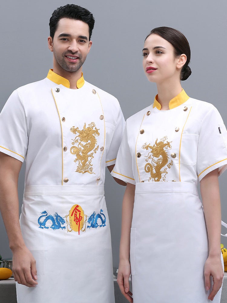 Chef'S Uniform Short-Sleeved Male Chef Kitchen Chinese Style Clothing Custom Summer Embroidered Dragon - Image 2