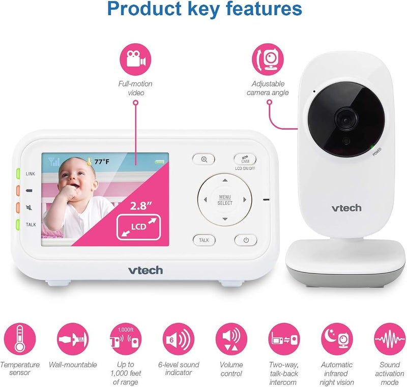 VTech Video Baby Monitor with 1000ft Long Range, Auto Night Vision, 2.8” Screen, 2-Way Audio Talk, Temperature Sensor, Power Saving Mode, Lullabies and Wall-mountable Camera with bracket, White - Image 2