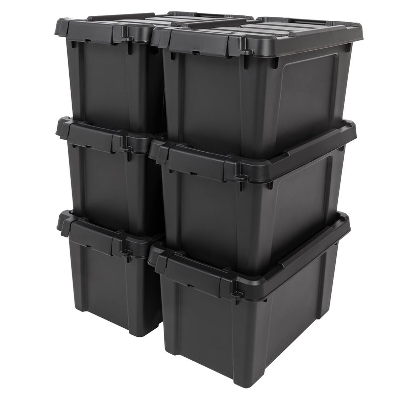 IRIS USA 5 Gallon Lockable Storage Bins with Lids 6 Pack  Made in USA Heavy Duty Stackable Containers Garage Organizing Bins Moving Tubs Rugged Sturdy Equipment Utility Box  Black