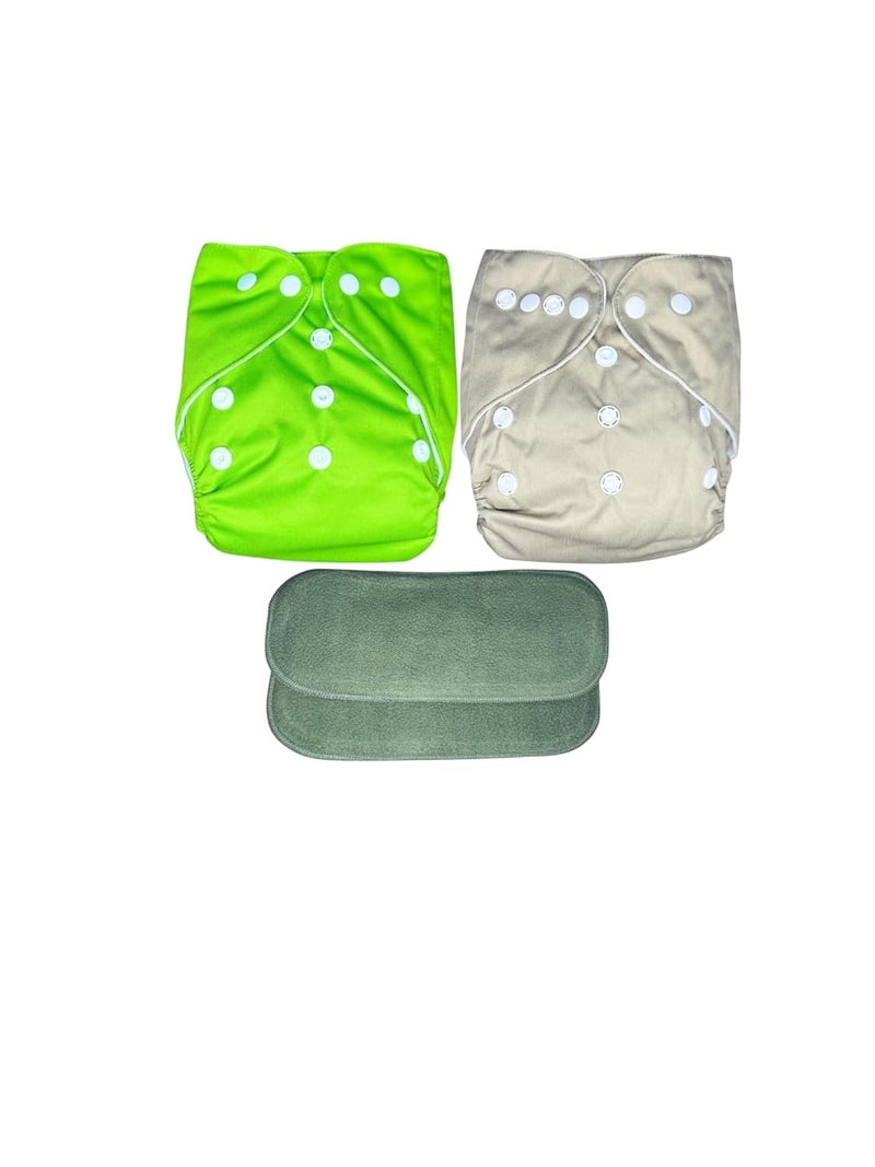 Kogar Reuse Nappy Adjustable Reusable & washable Cloth Diaper with Super Absorbent Insert, 3-36 Months, 2-Pack (Green & Gray) - Image 1