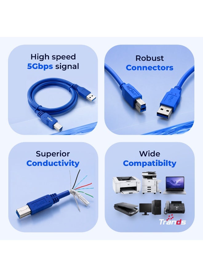 Trands USB 3.0 SuperSpeed Printer Cable (CA001) – 3-Meter (10ft) Active Repeater Data Cord, 5Gbps High-Speed Transfer, Type-A to Type-B, Blue - Image 2