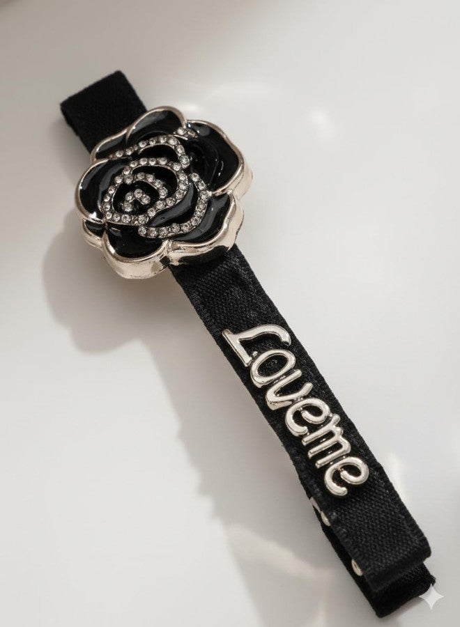 SHIELD PLUS Black Rose Flower Hair Clip with Rhinestones and 'Love Me' Text - Trendy Statement Snap Clip for Women & Girls, Hair Accessory - Image 1