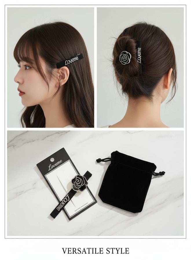 SHIELD PLUS Black Rose Flower Hair Clip with Rhinestones and 'Love Me' Text - Trendy Statement Snap Clip for Women & Girls, Hair Accessory - Image 4